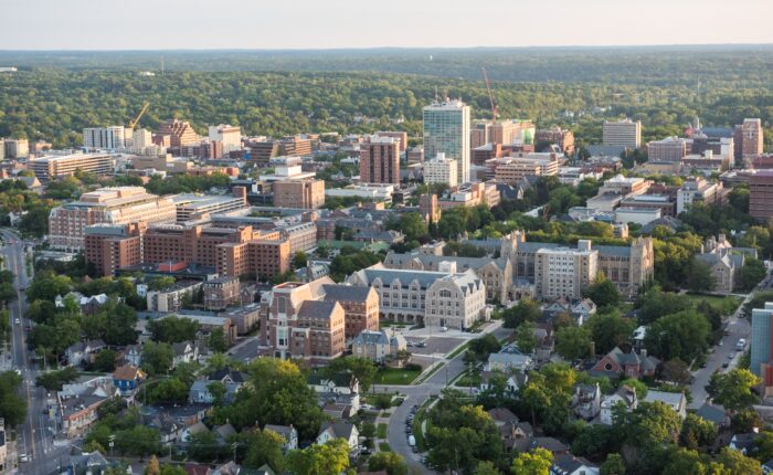 Aerial shot of Ann Arbor campus in summer