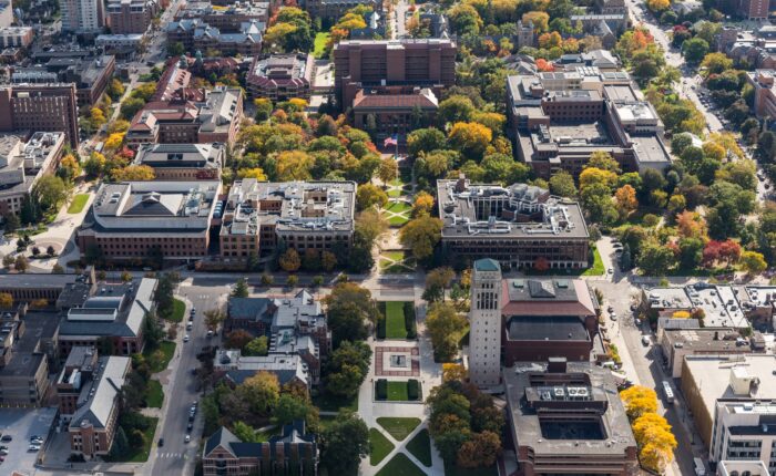 Aerial shot of campus in the fall