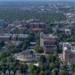 aerial view of U-M's central campus in spring time.