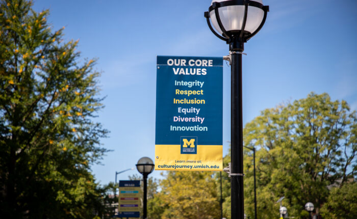 "University of Michigan street banner displaying core values: Integrity, Respect, Inclusion, Equity, Diversity, and Innovation, with information on how to learn more at culturejourney.umich.edu. The banner is hanging from a lamppost on a sunny day, surrounded by trees.